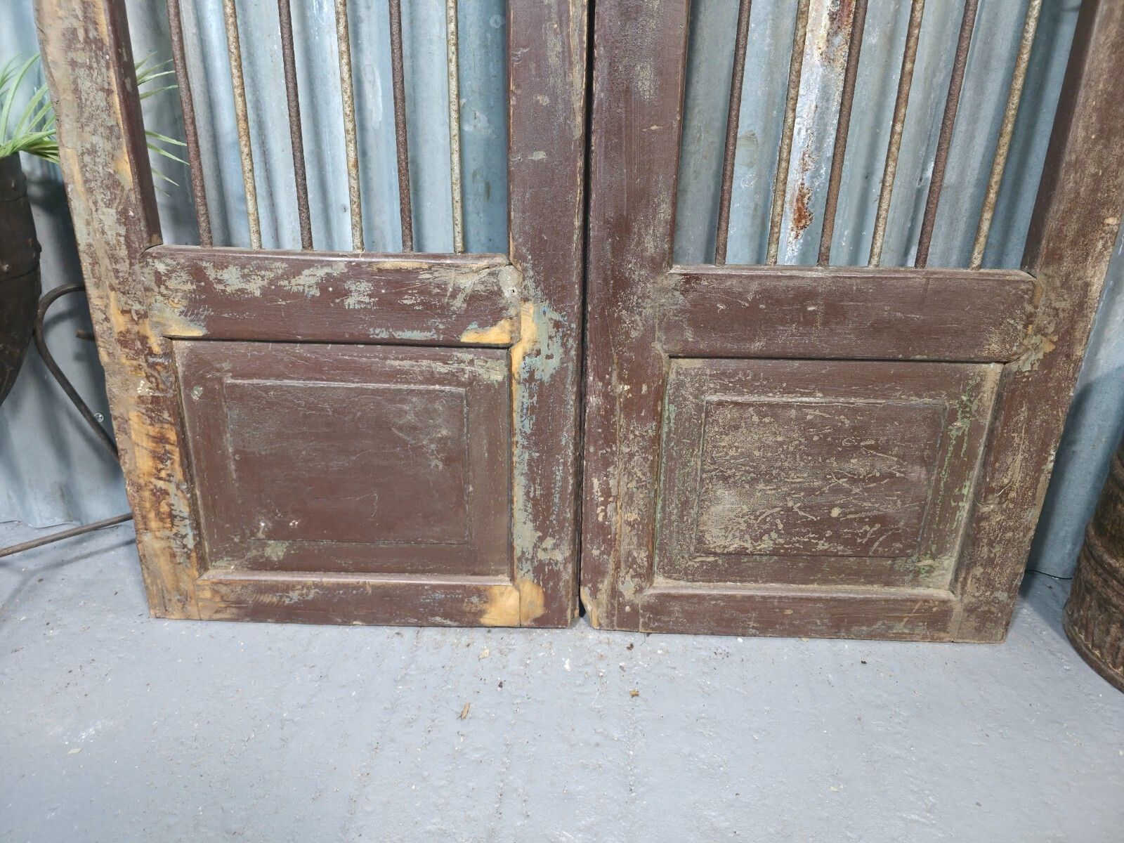 Pair Vintage Rustic Indian Wooden Iron Doors Garden Gates Room Divider Screen photo for sale