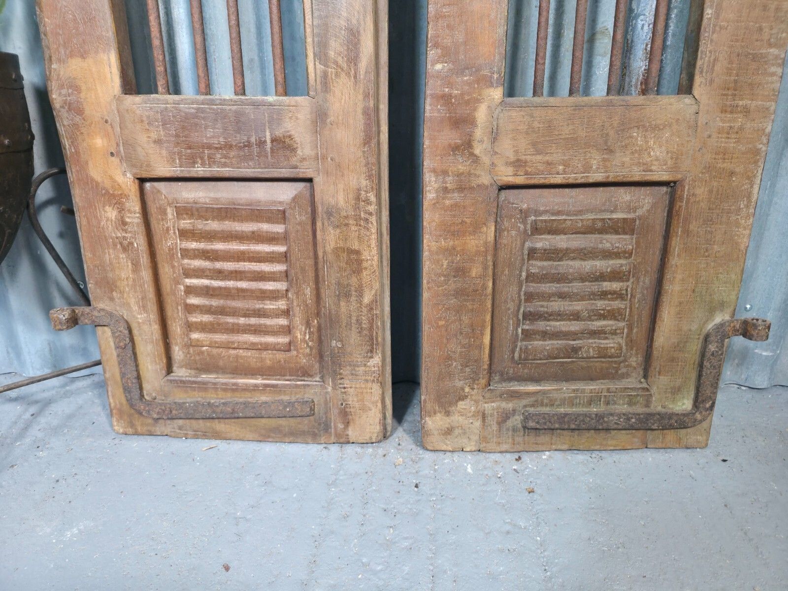 Pair Vintage Rustic Indian Wooden Iron Doors Garden Gates Room Divider Screen photo for sale