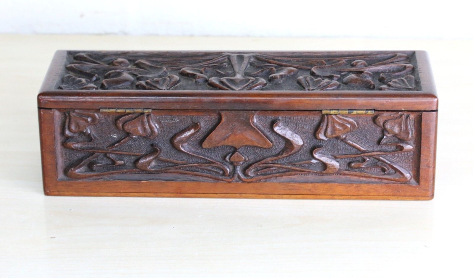 Antique Art Nouveau Carved Box Mahogany Hinged + Lock Iconic Design Original Key photo for sale