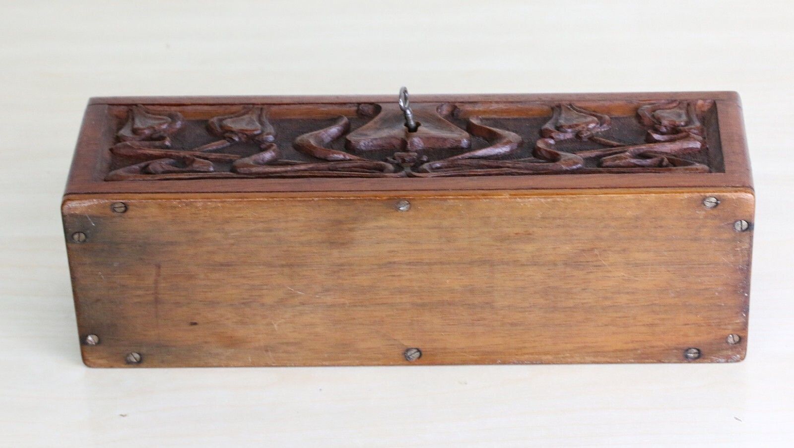 photo for sale Antique Art Nouveau Carved Box Mahogany Hinged + Lock Iconic Design Original Key