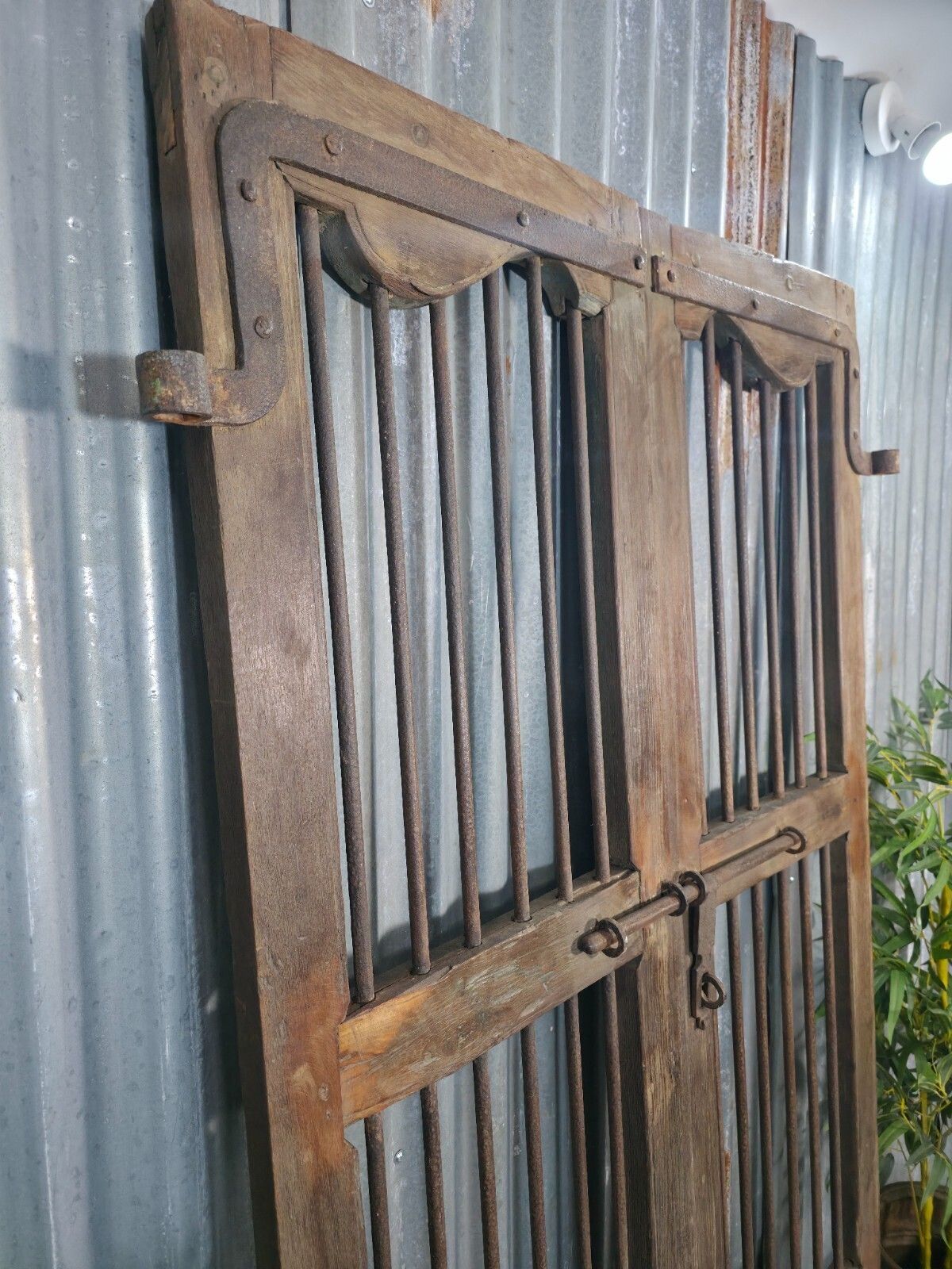 Pair Vintage Rustic Indian Wooden Iron Doors Garden Gates Room Divider Screen photo Home Fixtures