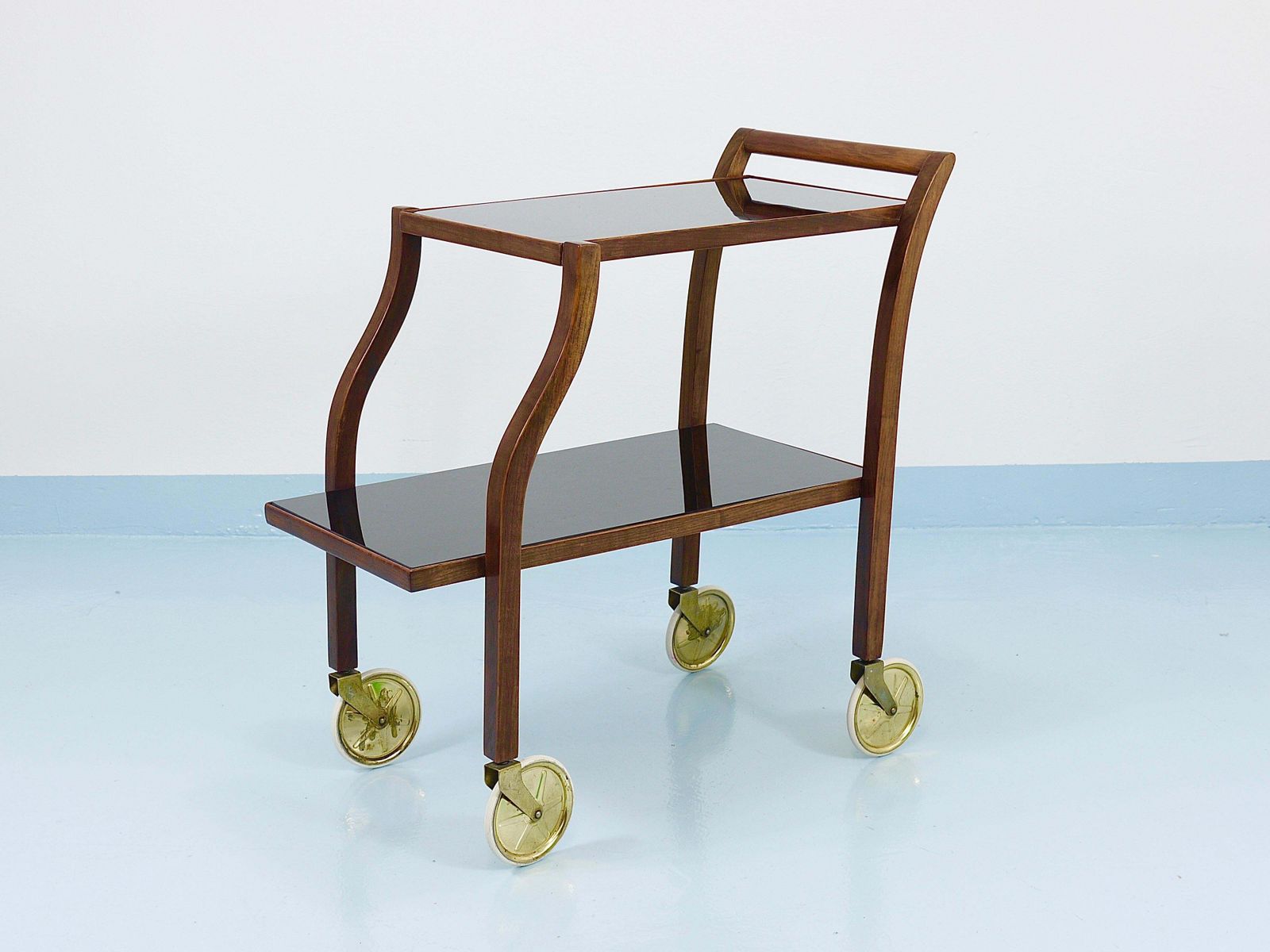 Oswald Haerdtl Curved Walnut & Glass Bar Cart, Serving Trolley, 1950s photo for sale