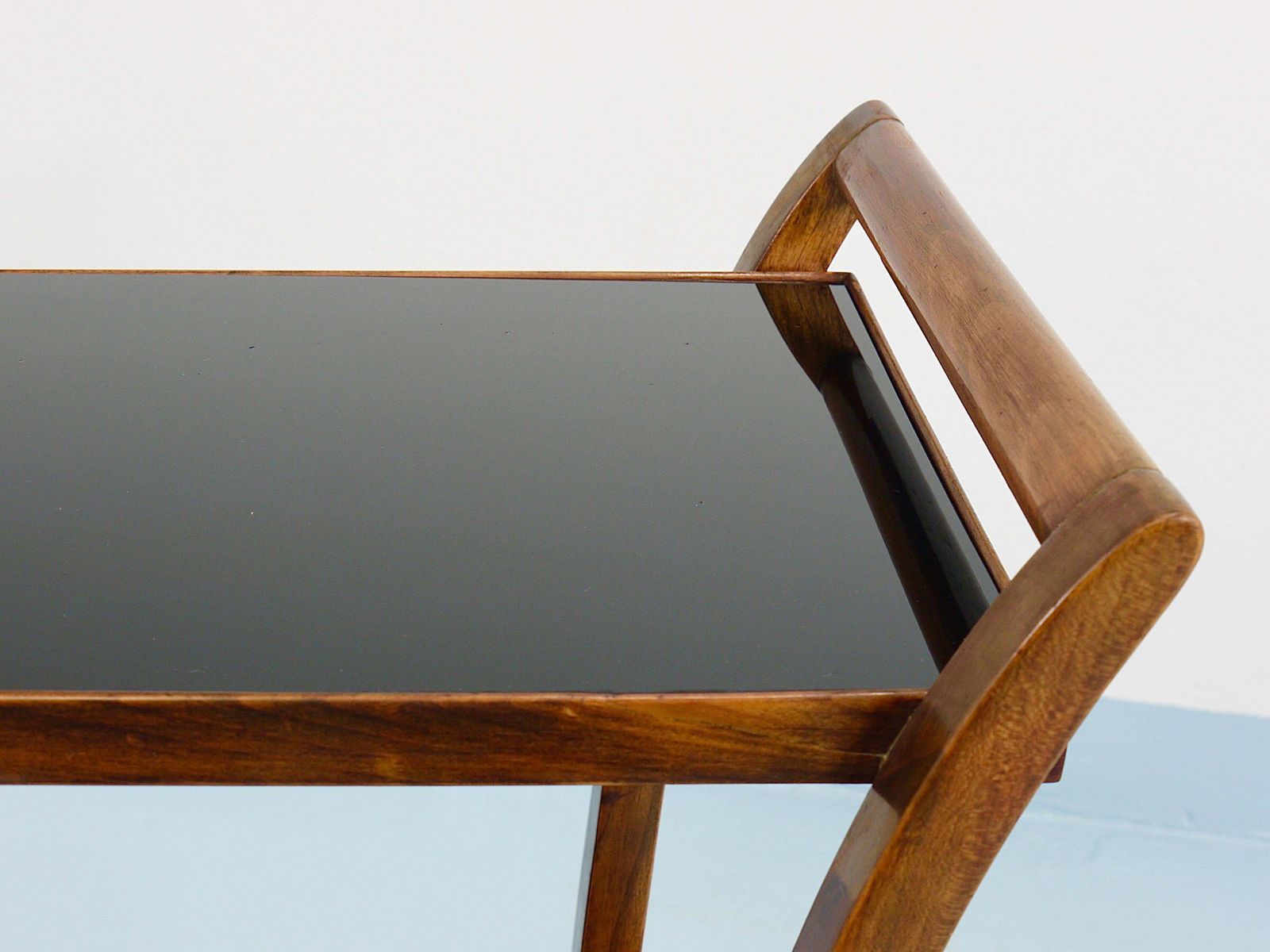 Oswald Haerdtl Curved Walnut & Glass Bar Cart, Serving Trolley, 1950s photo Furniture