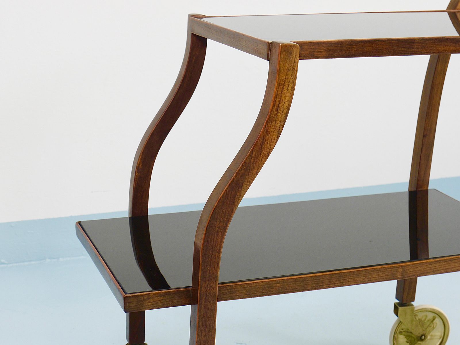 Oswald Haerdtl Curved Walnut & Glass Bar Cart, Serving Trolley, 1950s photo 4935.0