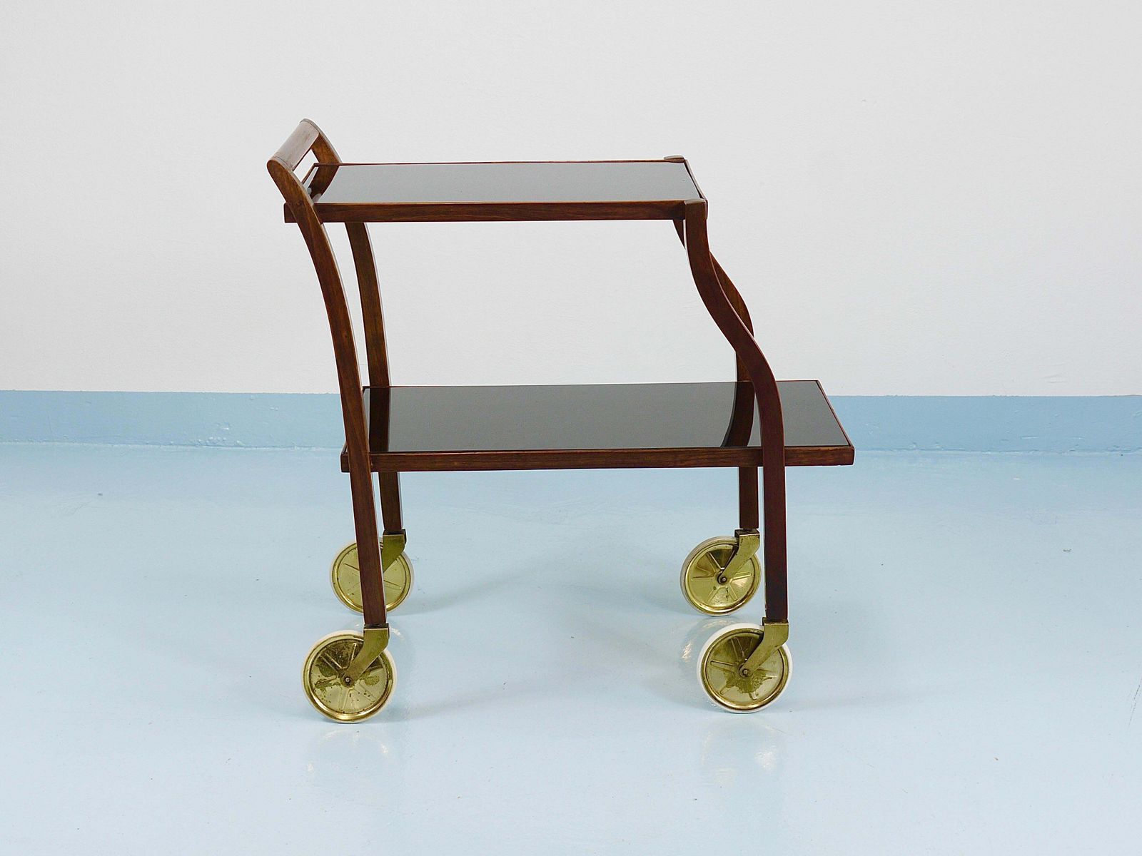 Oswald Haerdtl Curved Walnut & Glass Bar Cart, Serving Trolley, 1950s photo vinterior