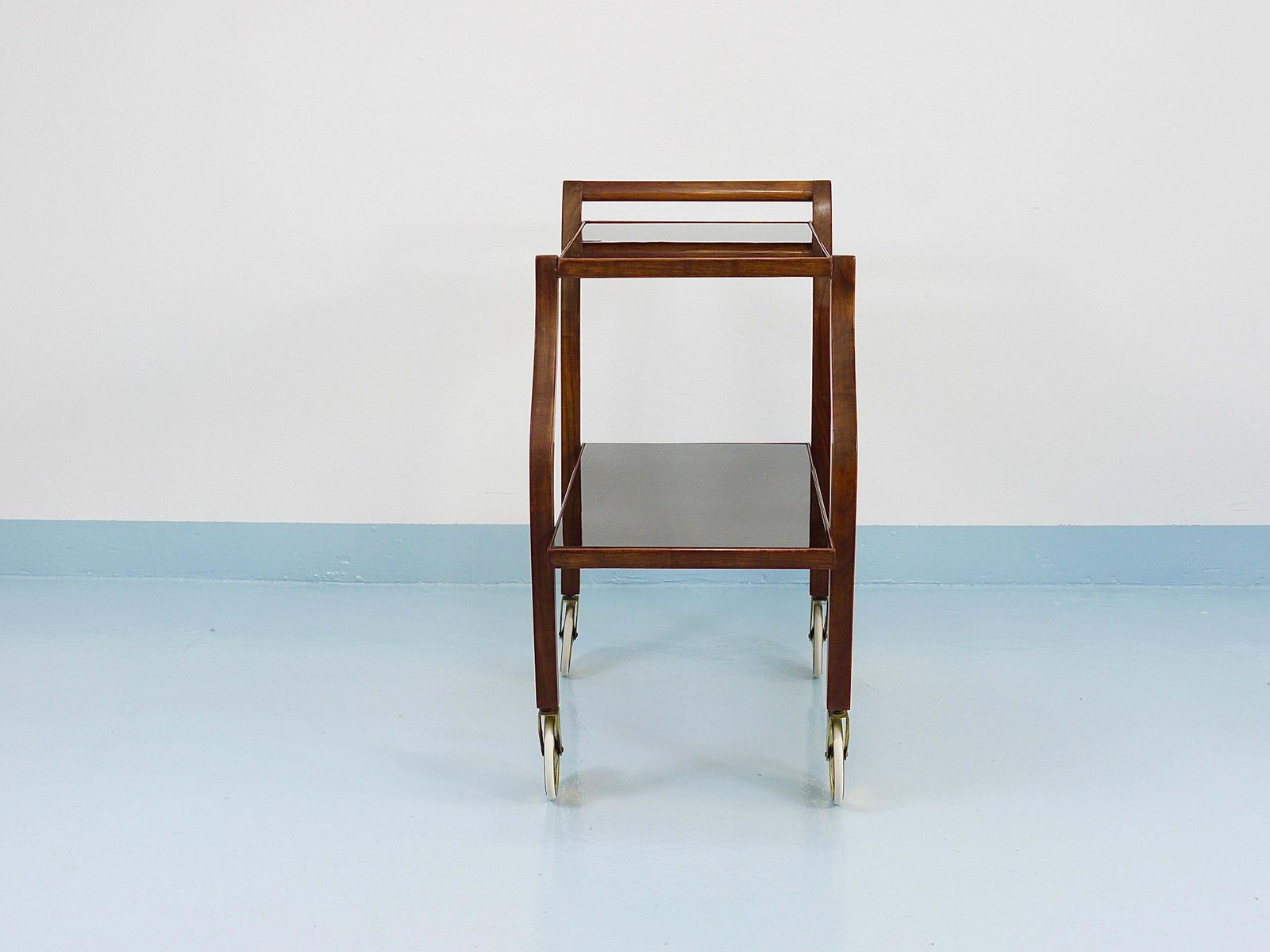 photo for sale Oswald Haerdtl Curved Walnut & Glass Bar Cart, Serving Trolley, 1950s