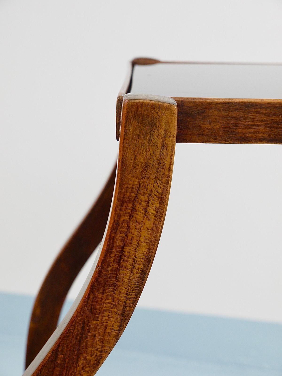 Furniture Oswald Haerdtl Curved Walnut & Glass Bar Cart, Serving Trolley, 1950s photo
