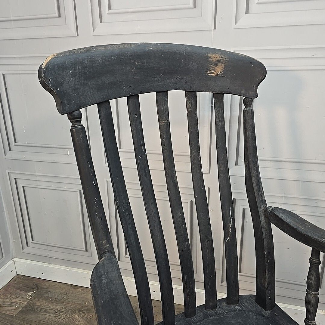 Antique Grandfather Armchair Painted Solid Wooden Lath Slat Back Windsor Chair photo for sale