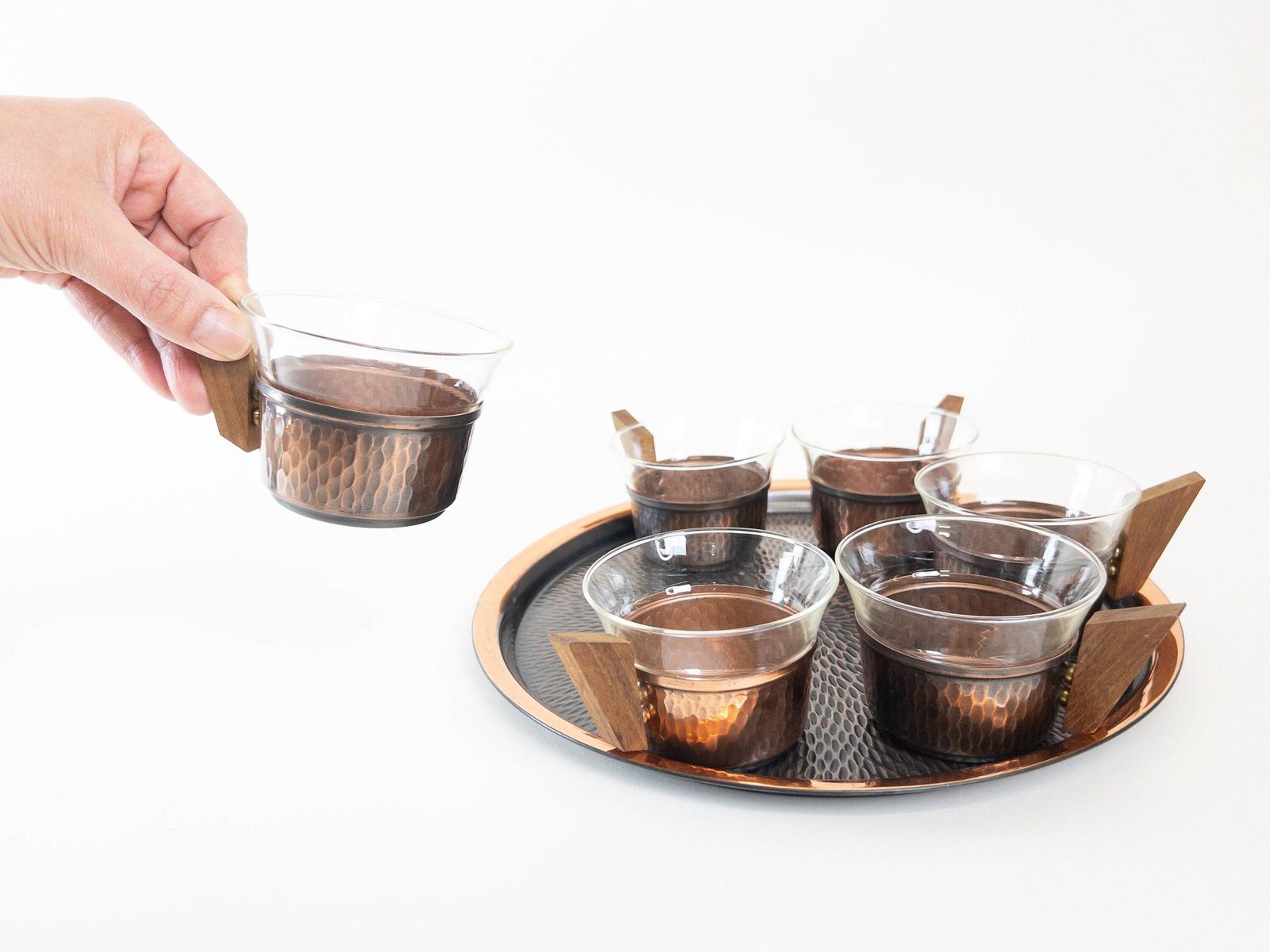 Mid Century Copper & Teak Tea Set: Glass And Copper Cups With Tray photo furniture