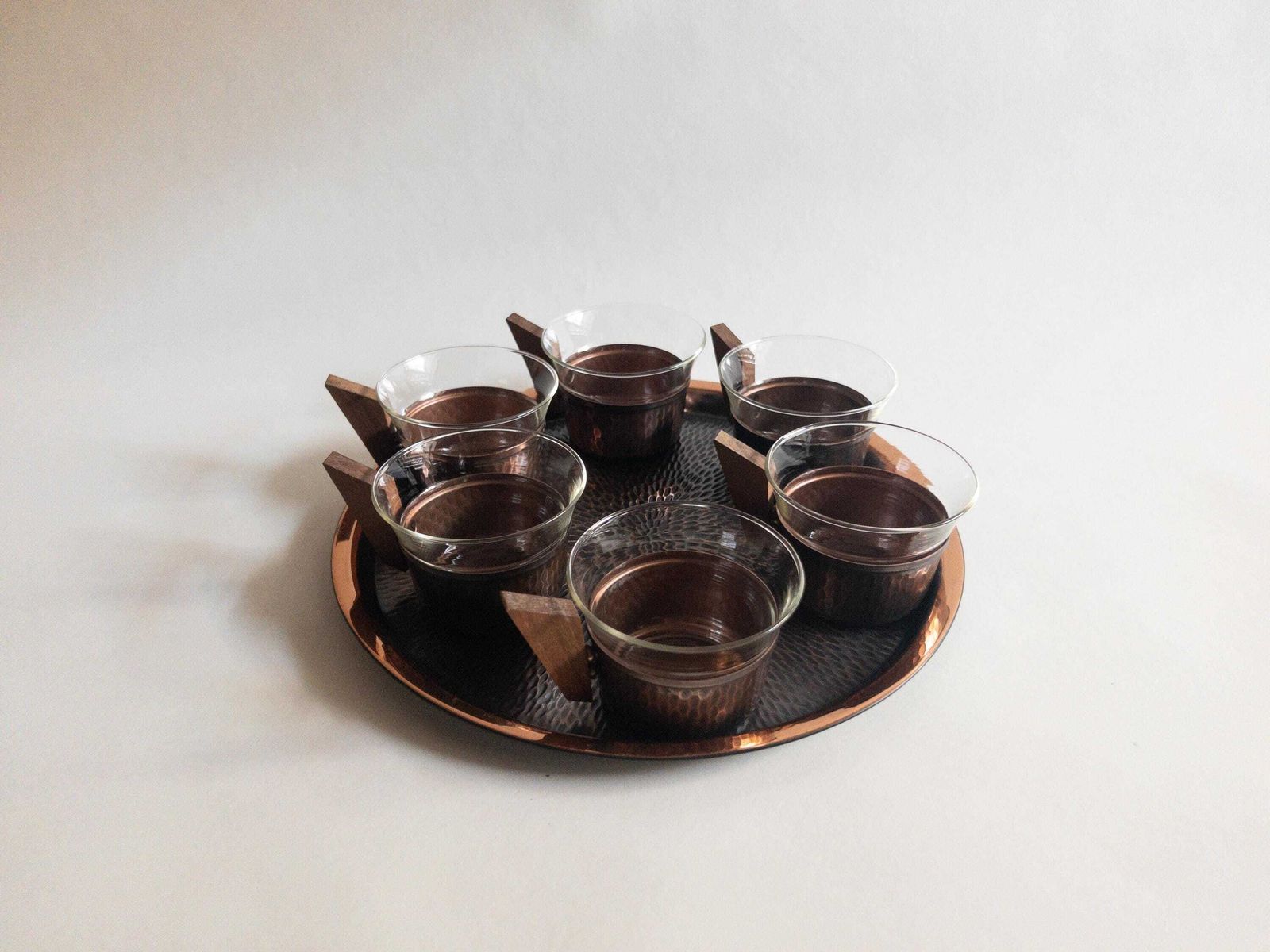 Mid Century Copper & Teak Tea Set: Glass And Copper Cups With Tray photo 142.0