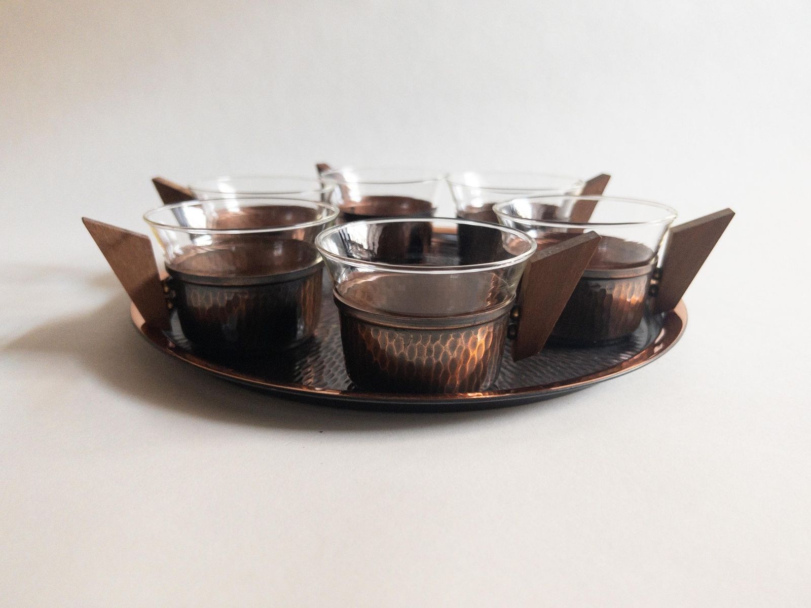 Mid Century Copper & Teak Tea Set: Glass And Copper Cups With Tray photo buy
