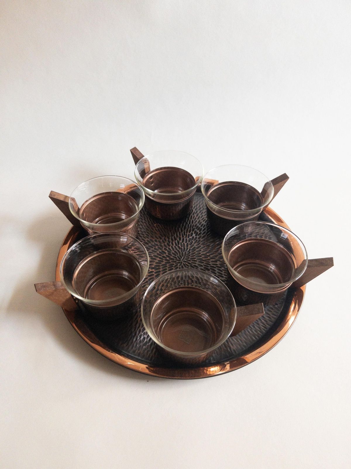 Mid Century Copper & Teak Tea Set: Glass And Copper Cups With Tray photo vintage