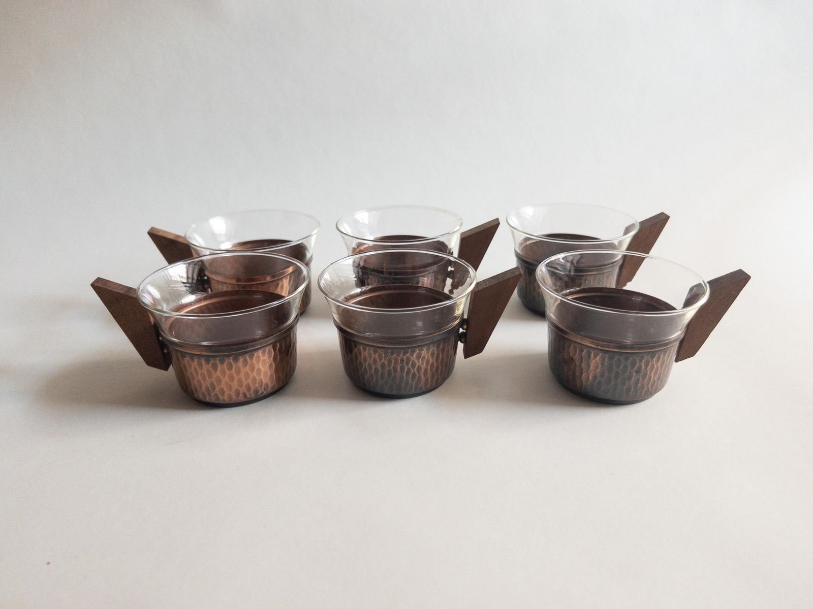 photo buy Mid Century Copper & Teak Tea Set: Glass And Copper Cups With Tray