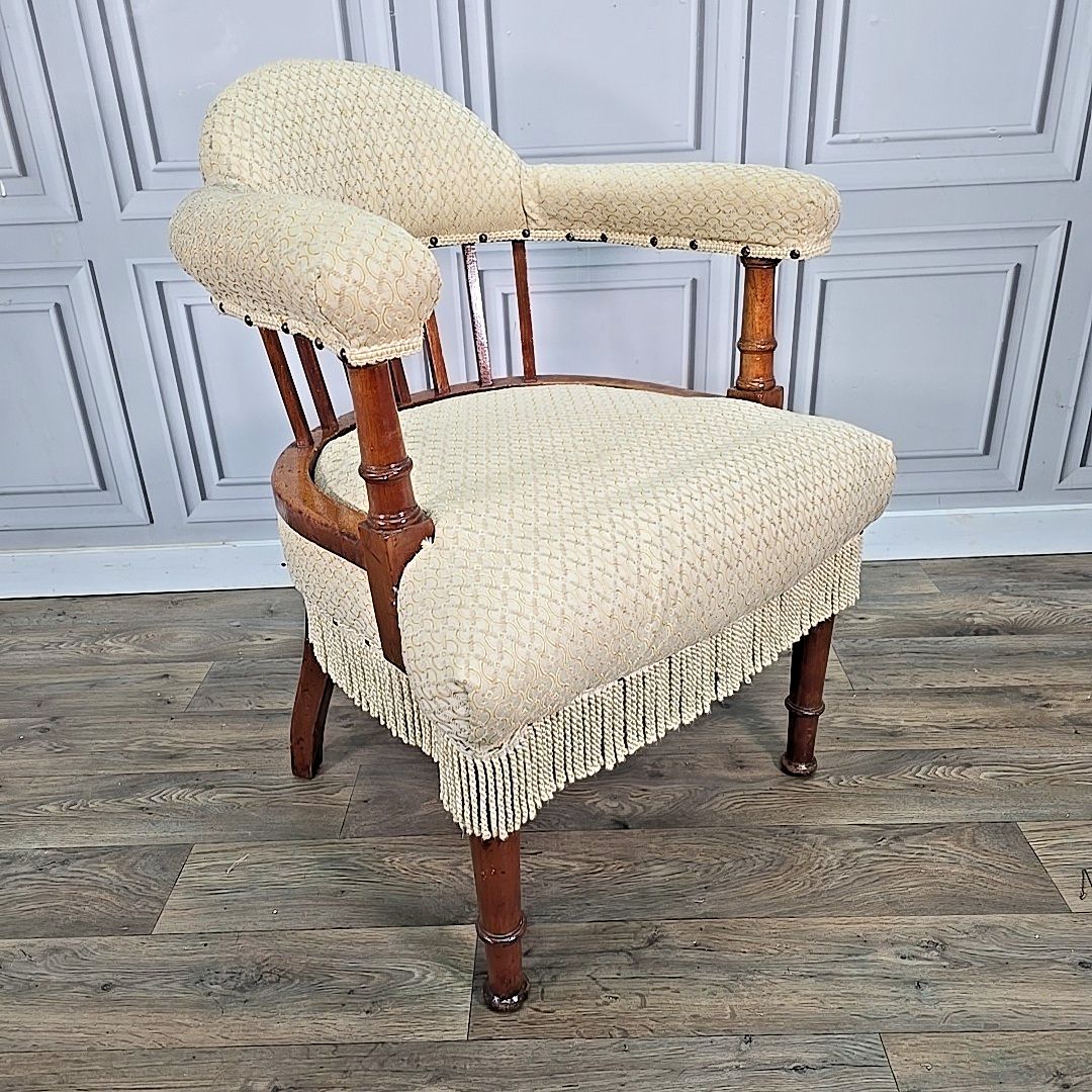 Antique Edwardian Armchair Button Back Tub Conversation Chair Wooden Victorian