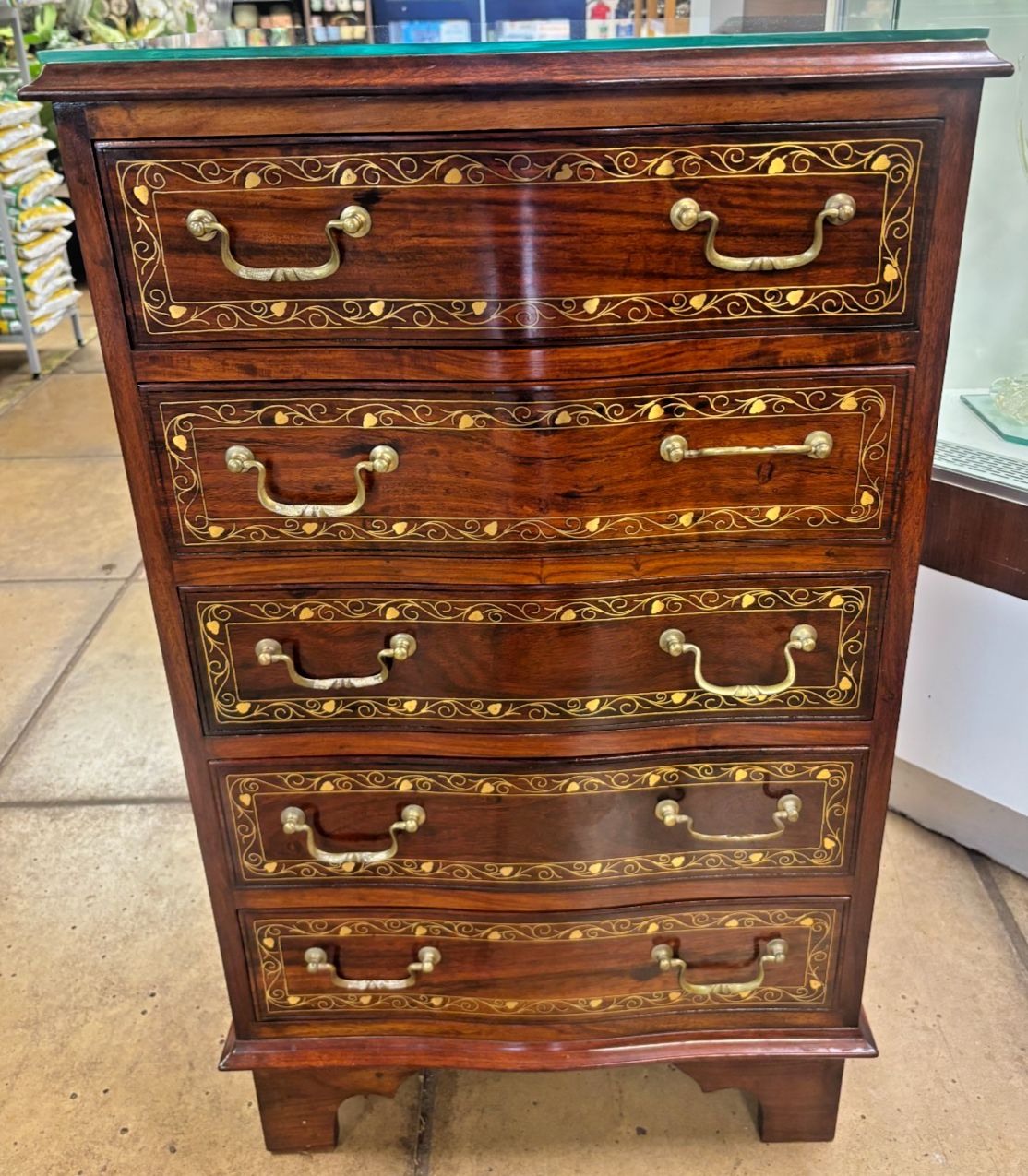 Vintage Mahogany & Brass Inlay Narrow Chest Of Five Drawers