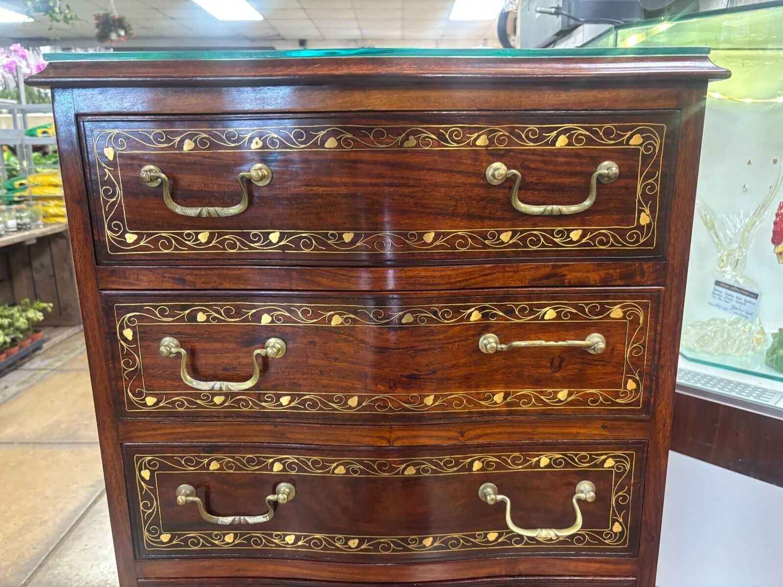 Vintage Mahogany & Brass Inlay Narrow Chest Of Five Drawers photo furniture