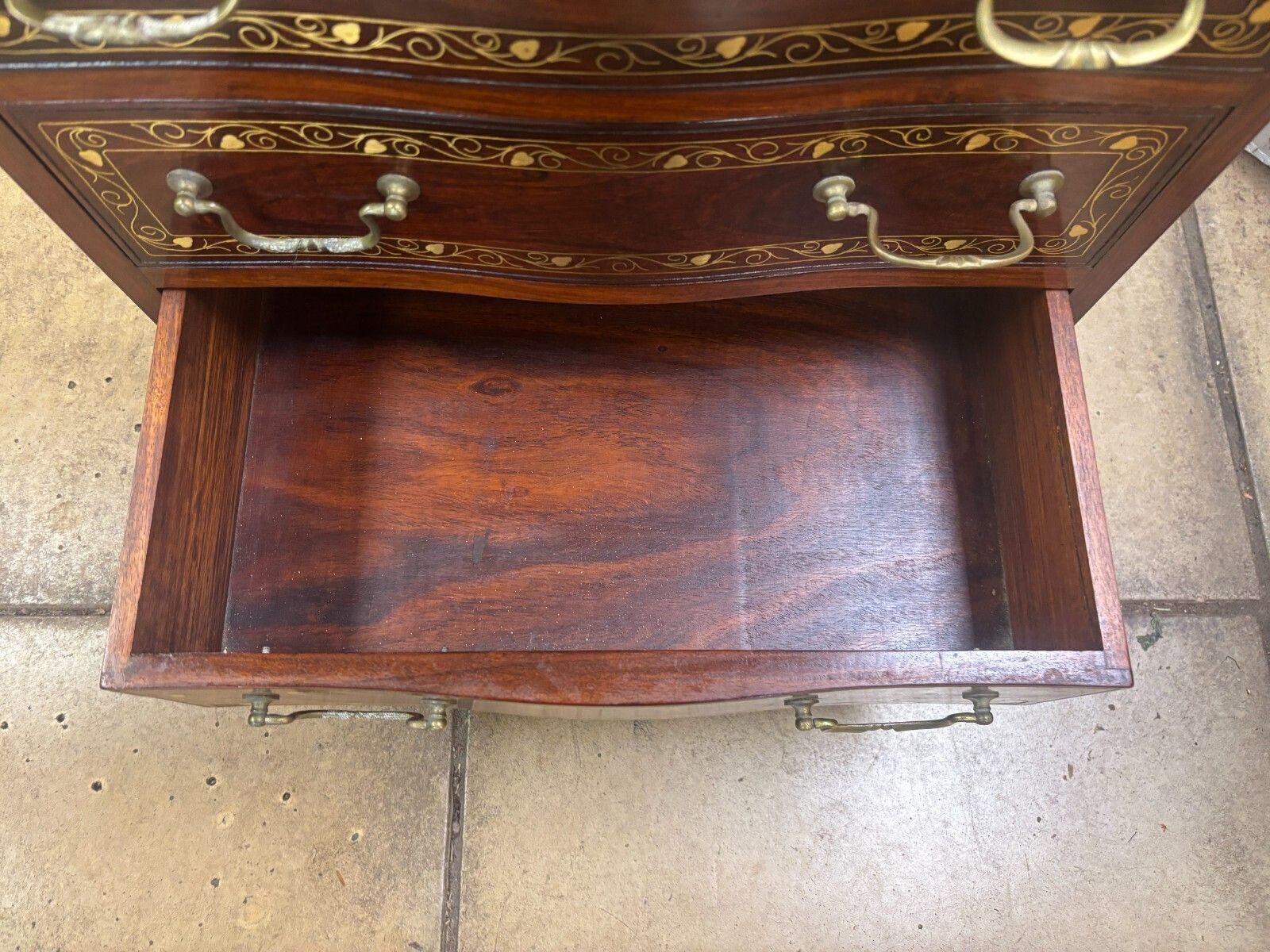 295.0 Vintage Mahogany & Brass Inlay Narrow Chest Of Five Drawers photo