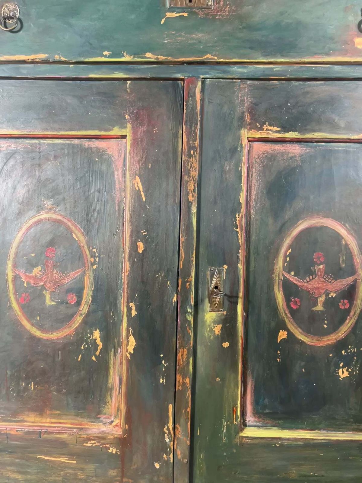 Antique Painted Linen Press With Folk Art Panels photo Furniture