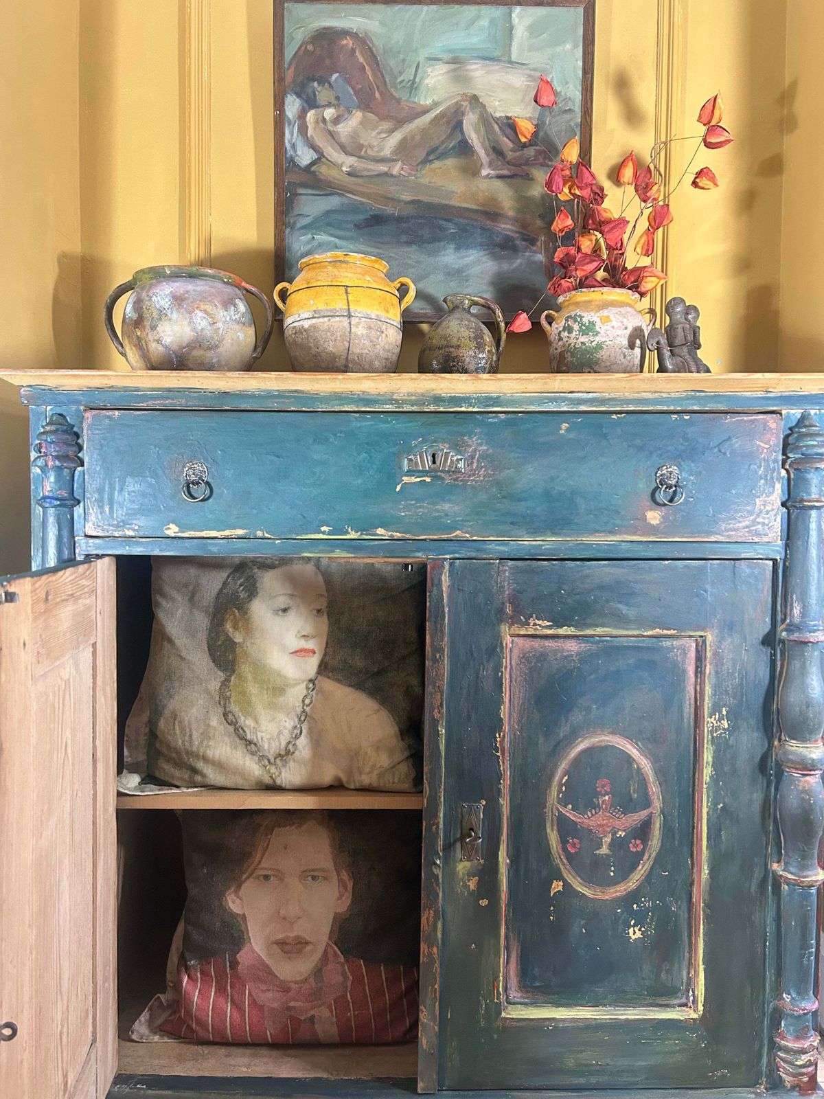 photo furniture Antique Painted Linen Press With Folk Art Panels