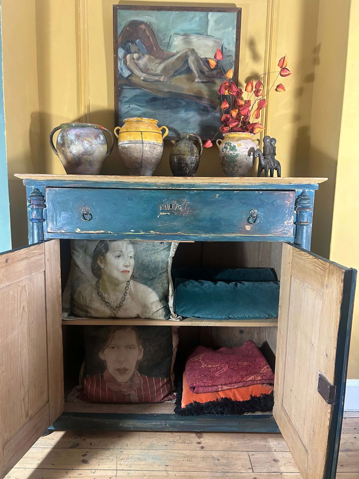photo for sale Antique Painted Linen Press With Folk Art Panels