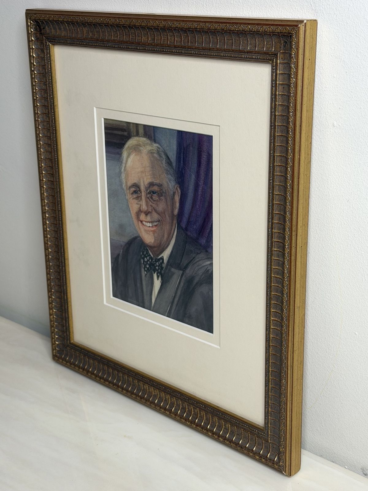 Franklin D. Roosevelt Portrait Watercolou Signed Mid Century Painting With Birmingham Provenance photo vintage