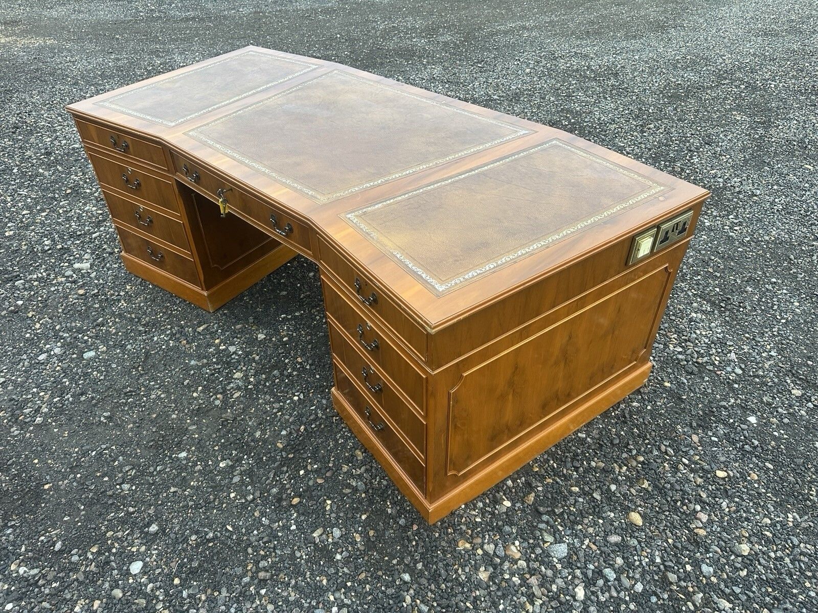 Substantial Antique Captains Banker Desk Green Leather Twin Pedestal Partner #59 photo vinterior