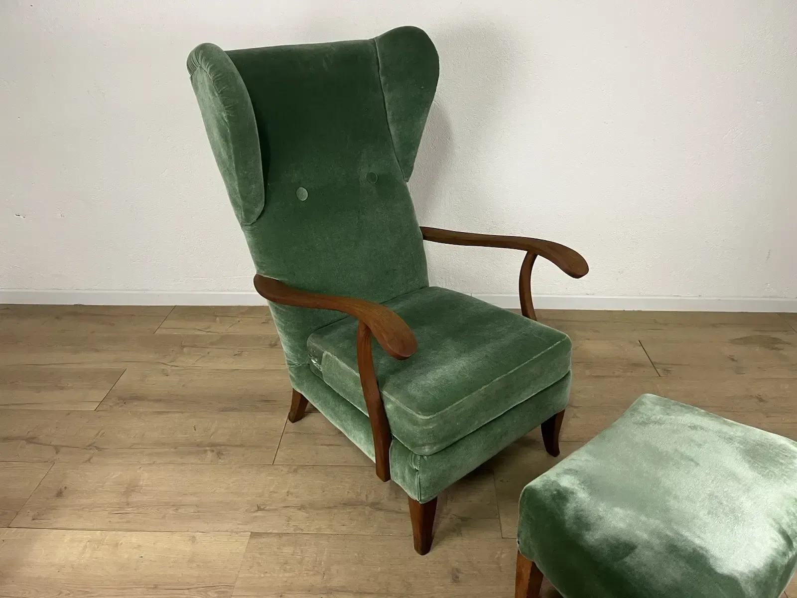 Buffa 1950s Vintage Design Wooden Footstool With Green Velvet photo Furniture