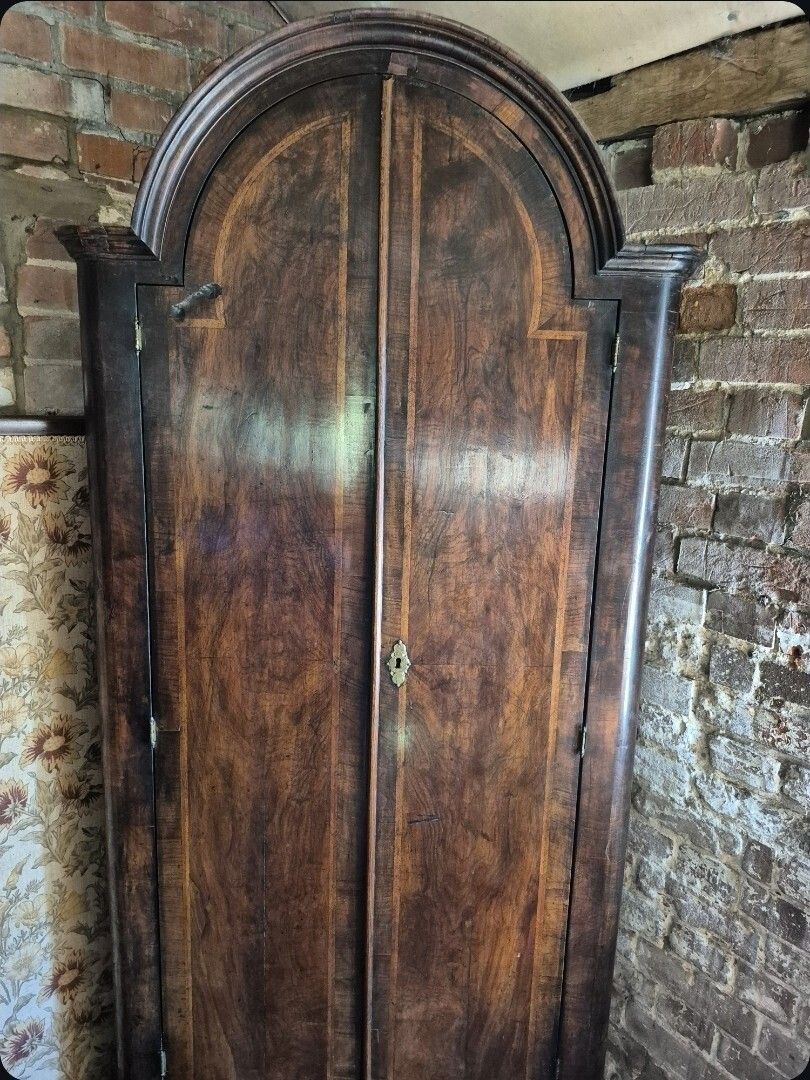 Wonderful  Unique 18th Century Arched Figured Walnut Herringbone Banding Corner Cupboard photo vinterior