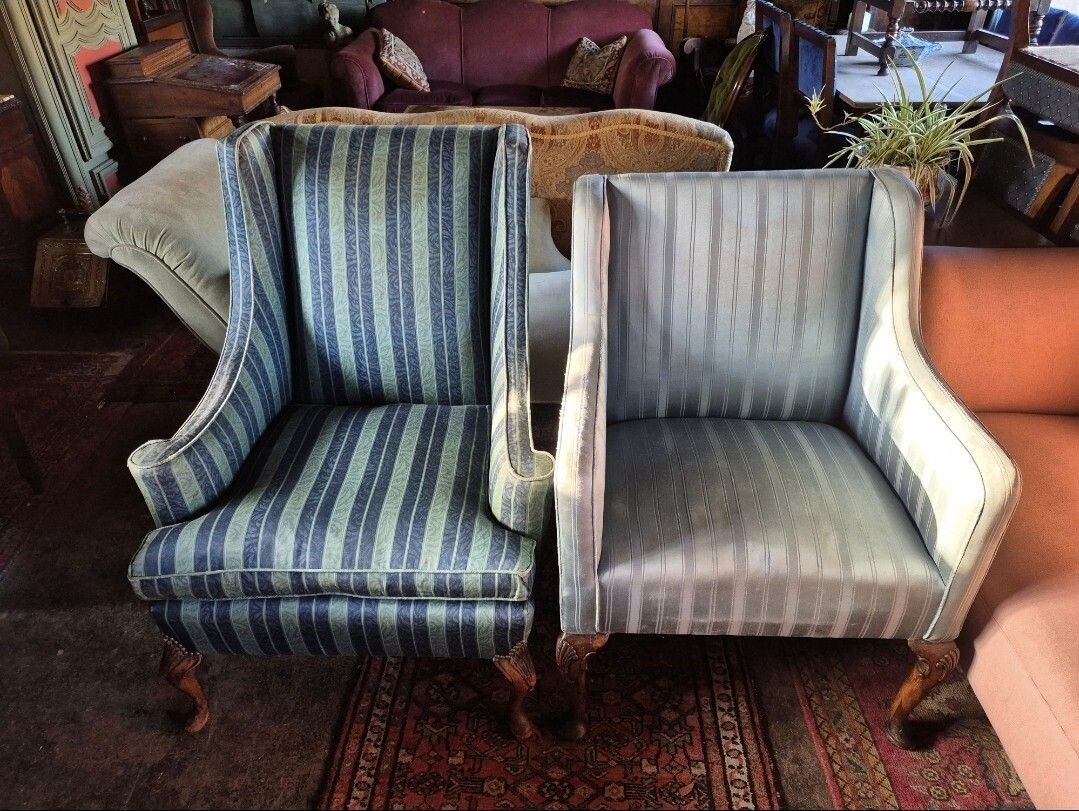 photo for sale Super Pair Of Shell Leg Blue Vintage Antique Stripey Silky Edwardian Armchairs
