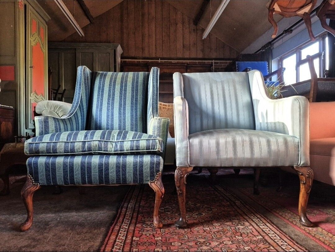 325.0 Super Pair Of Shell Leg Blue Vintage Antique Stripey Silky Edwardian Armchairs photo