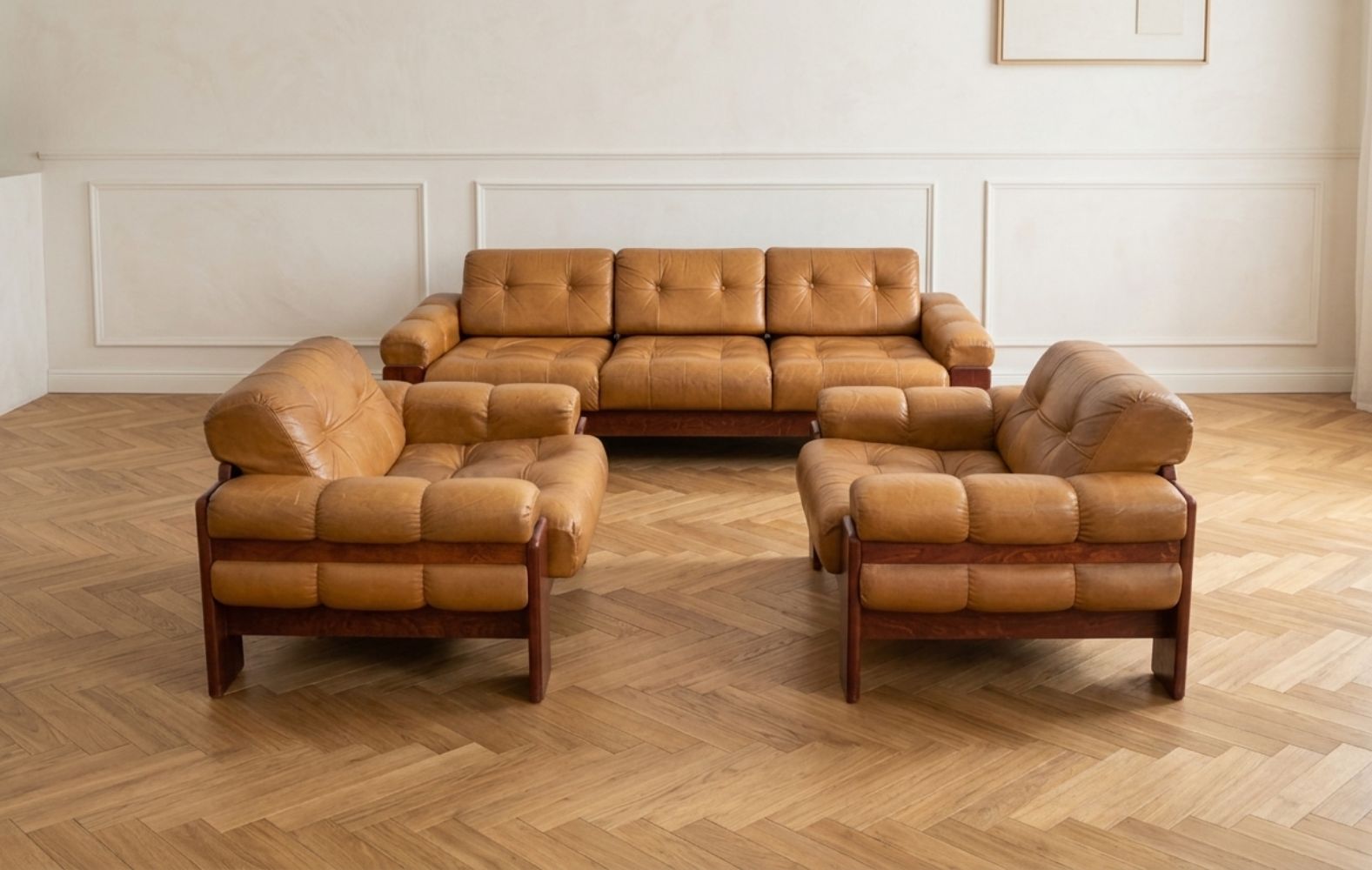 Czechoslovak Vintage Leather Living Room Set, Attributed To Dřevotvar, 1970s–1980s, Set Of 3