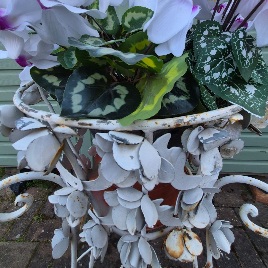 Garden Decor Vintage French White Metal Floral Garden Planter With Rose Detail photo