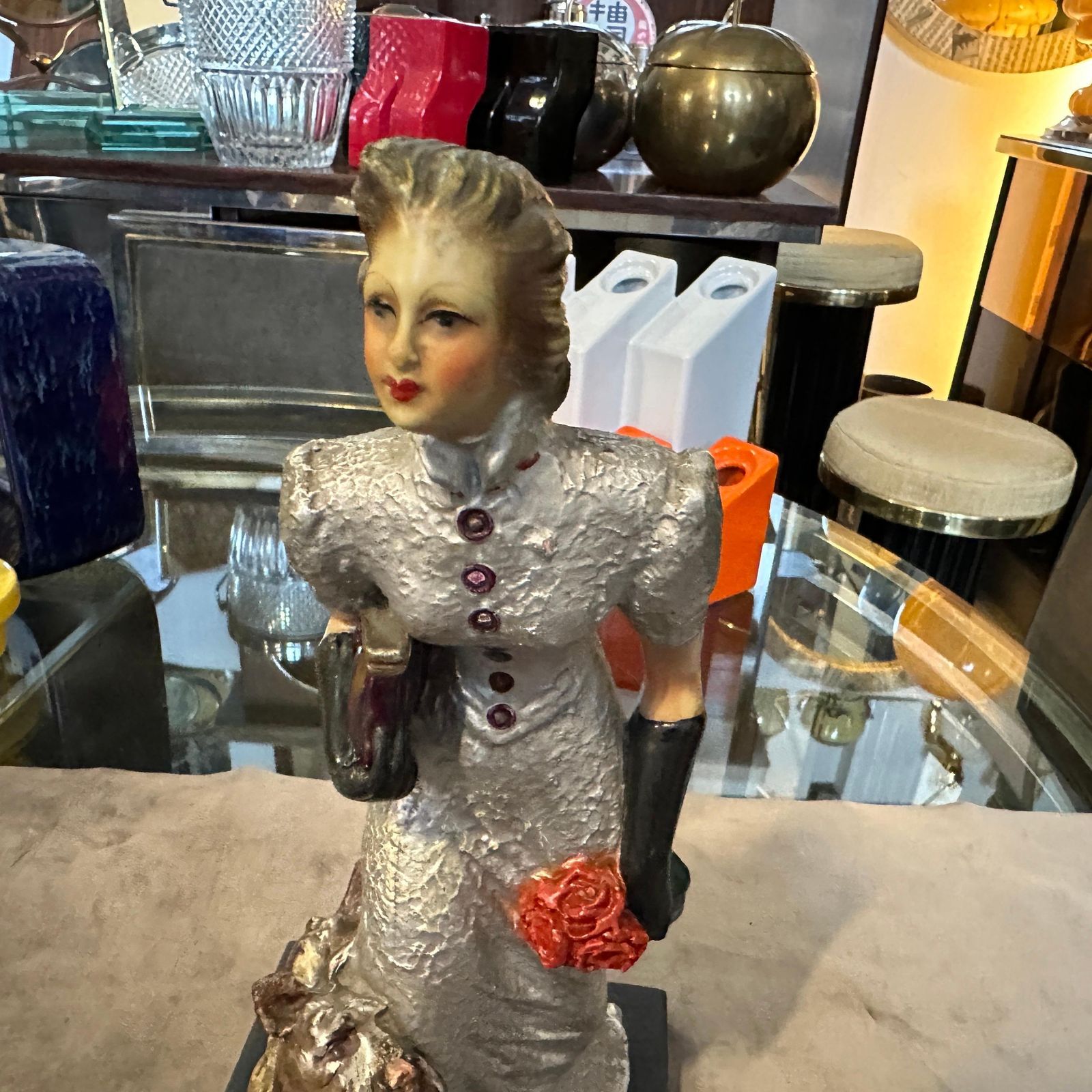 photo vinterior 1940s Italian Ceramic Figurine By Mollica, Woman With Fox Terrier