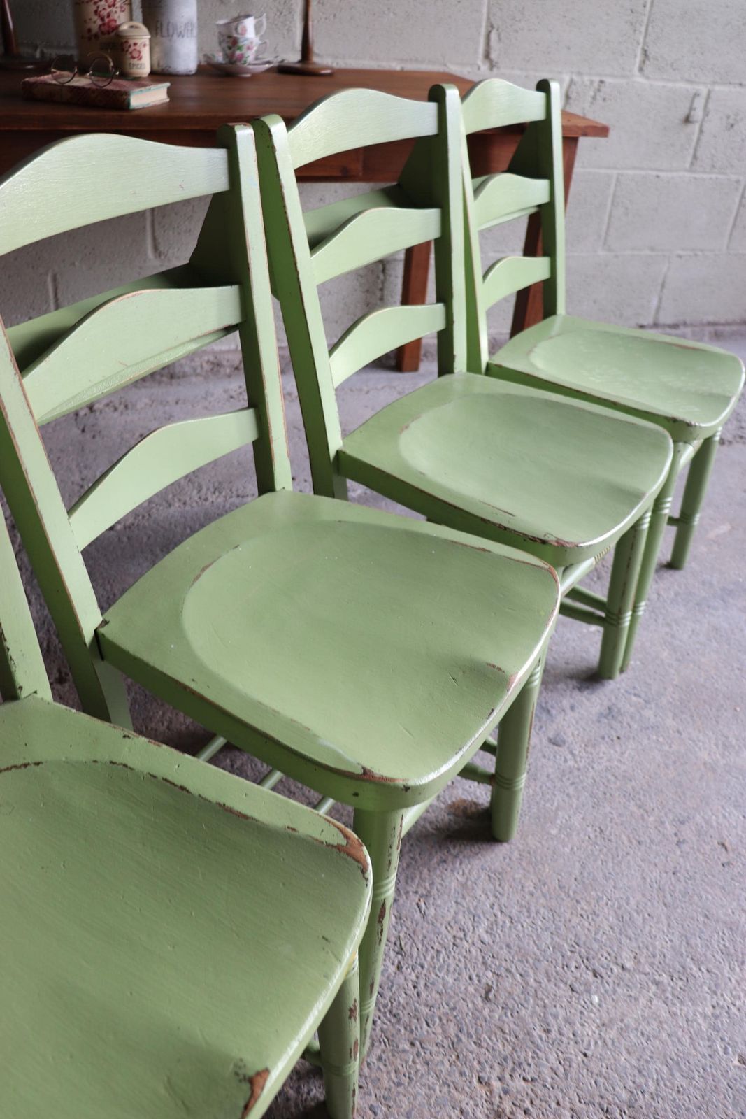 Set Of Four Yeabridge Green Painted English Chapel Chairs With Hymn Book Holders photo buy