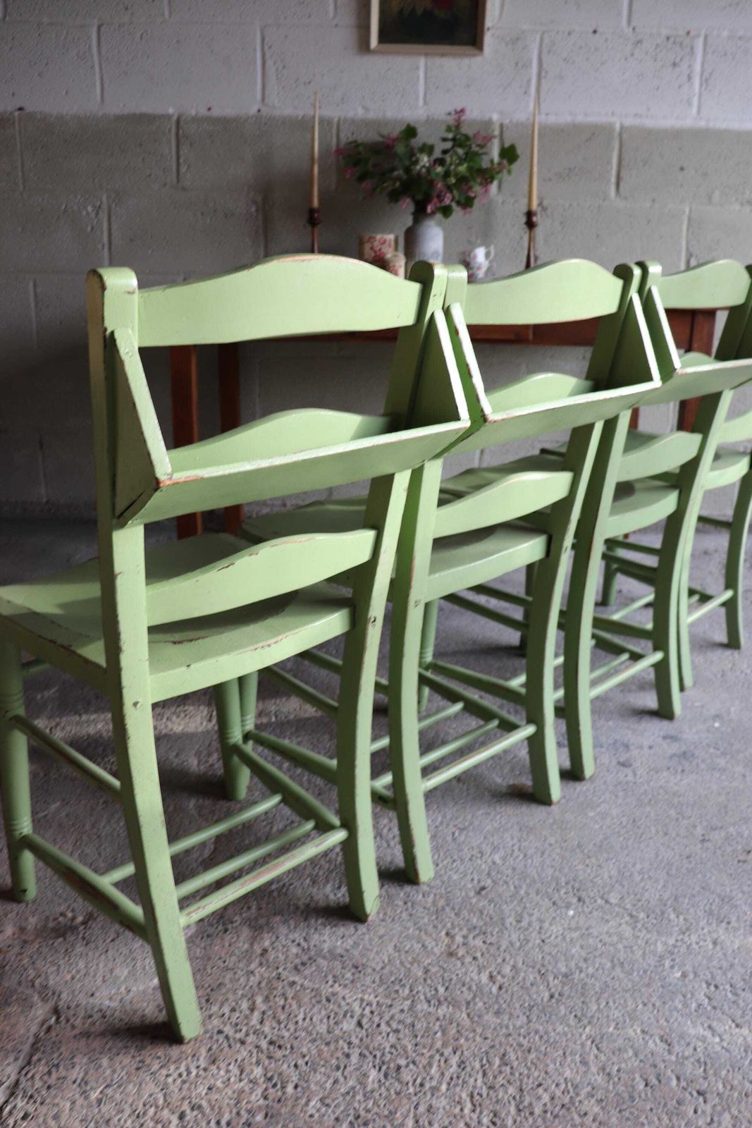 photo furniture Set Of Four Yeabridge Green Painted English Chapel Chairs With Hymn Book Holders