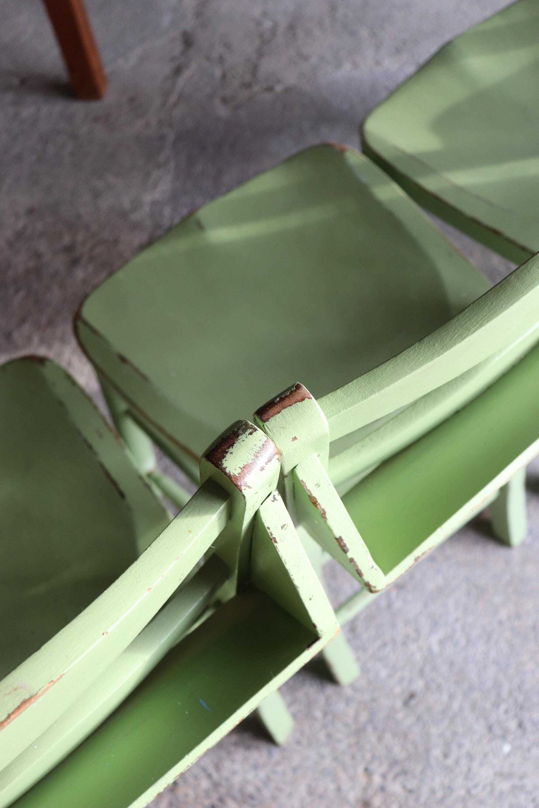 Furniture Set Of Four Yeabridge Green Painted English Chapel Chairs With Hymn Book Holders photo