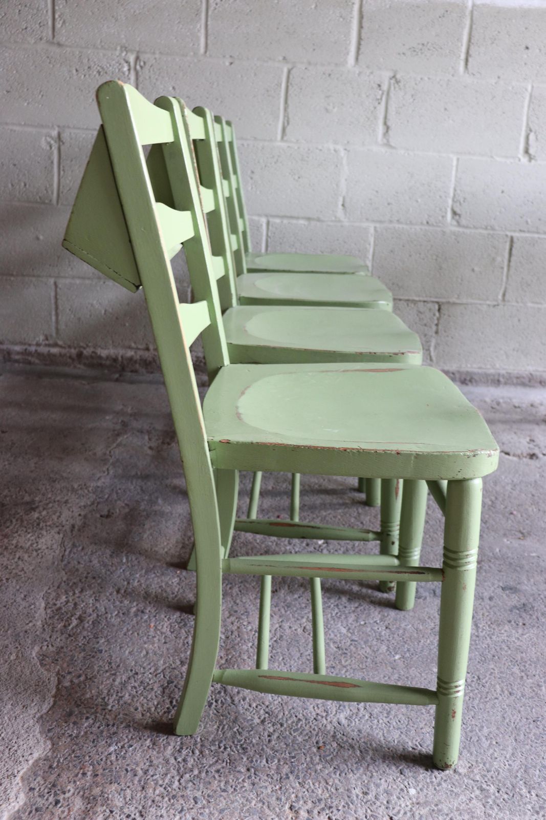 915.0 Set Of Four Yeabridge Green Painted English Chapel Chairs With Hymn Book Holders photo