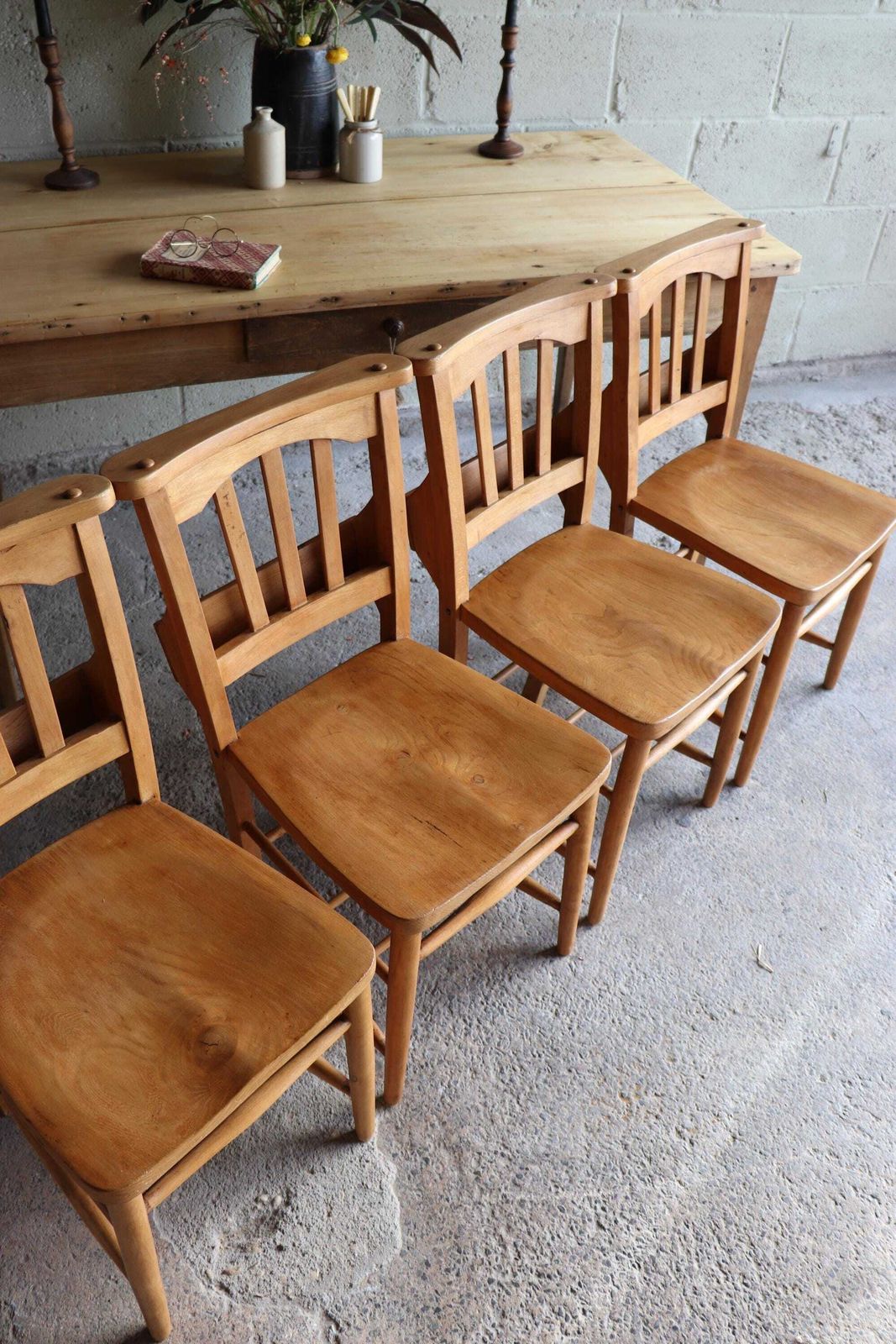 Set Of Four Restored English Chapel Chairs With Hymn Book Holders photo vinterior