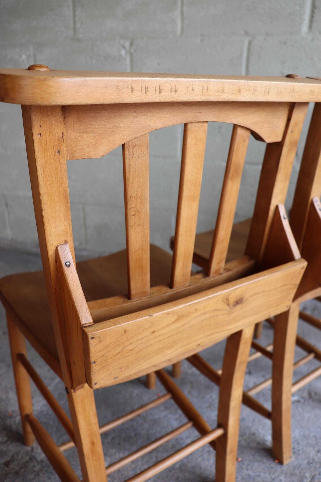 Set Of Four Restored English Chapel Chairs With Hymn Book Holders photo vintage