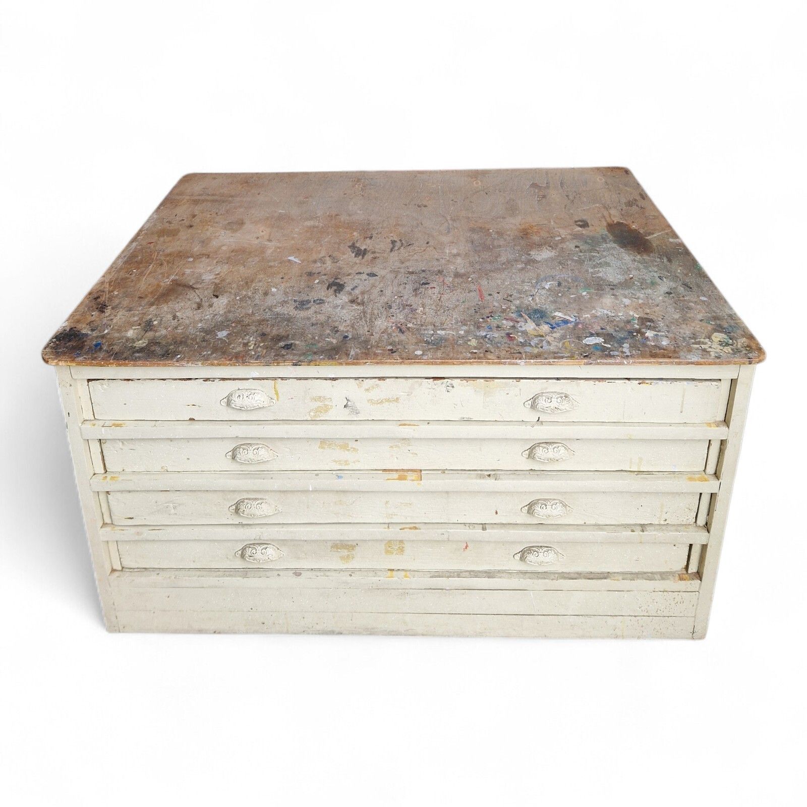 Antique Plan Chest Of 4 Drawers Artist Studio Paint Splatter Large Vintage
