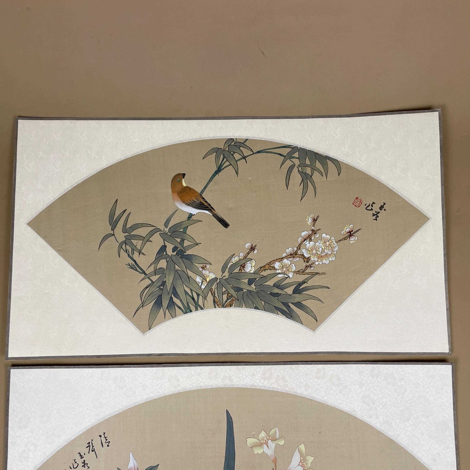 Oriental Silk Fan Art Pair Floral Bird Hand Painted Botanical Pictures Unframed Asian Blossom Set Of 2 Paintings photo furniture