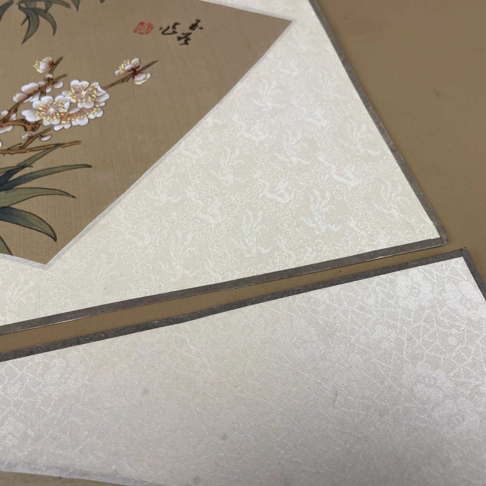 photo for sale Oriental Silk Fan Art Pair Floral Bird Hand Painted Botanical Pictures Unframed Asian Blossom Set Of 2 Paintings