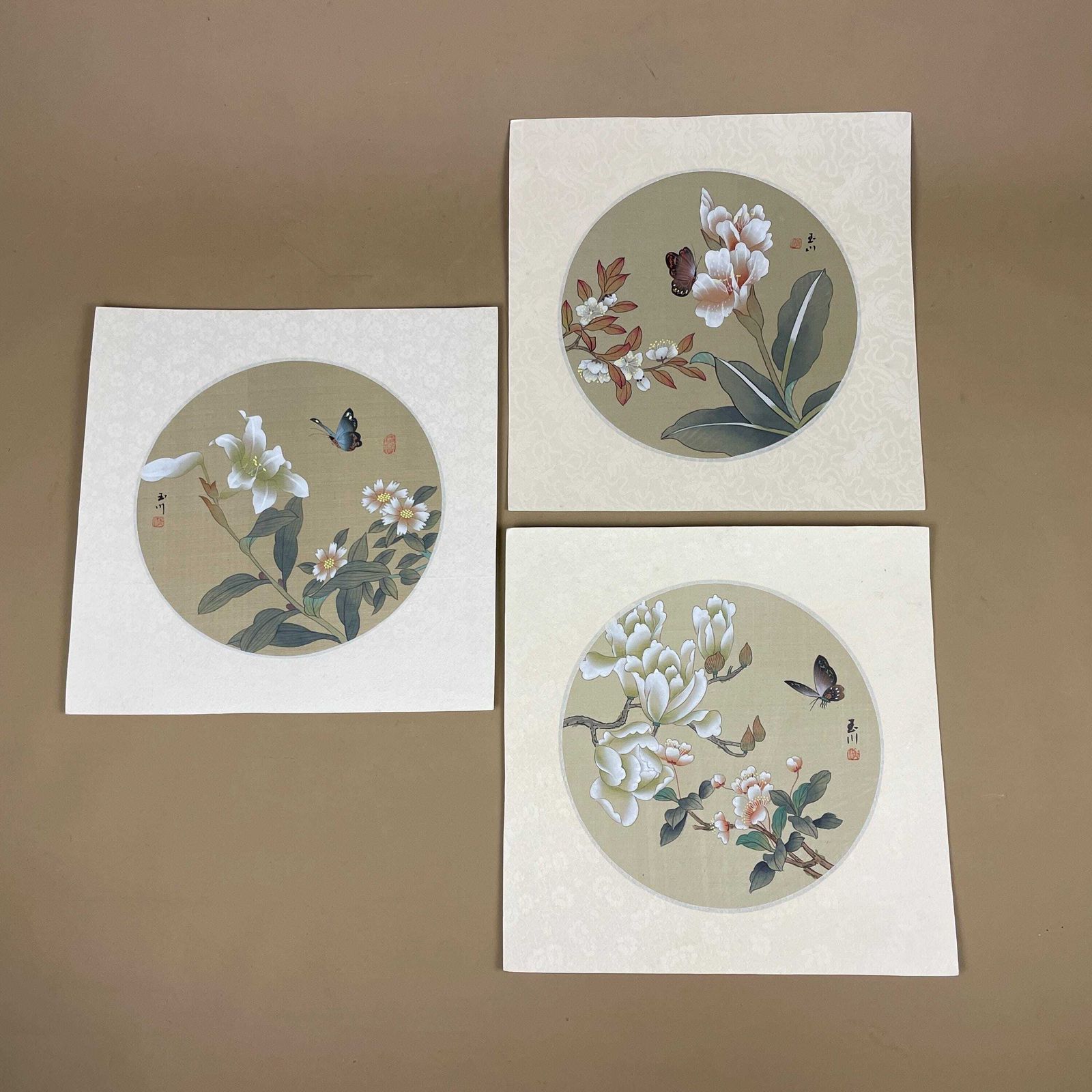 Trio Oriental Pictures Butterfly Floral Hand Painted Silk Botanical Unframed Asian Blossom Set Of 3 Paintings Mounted