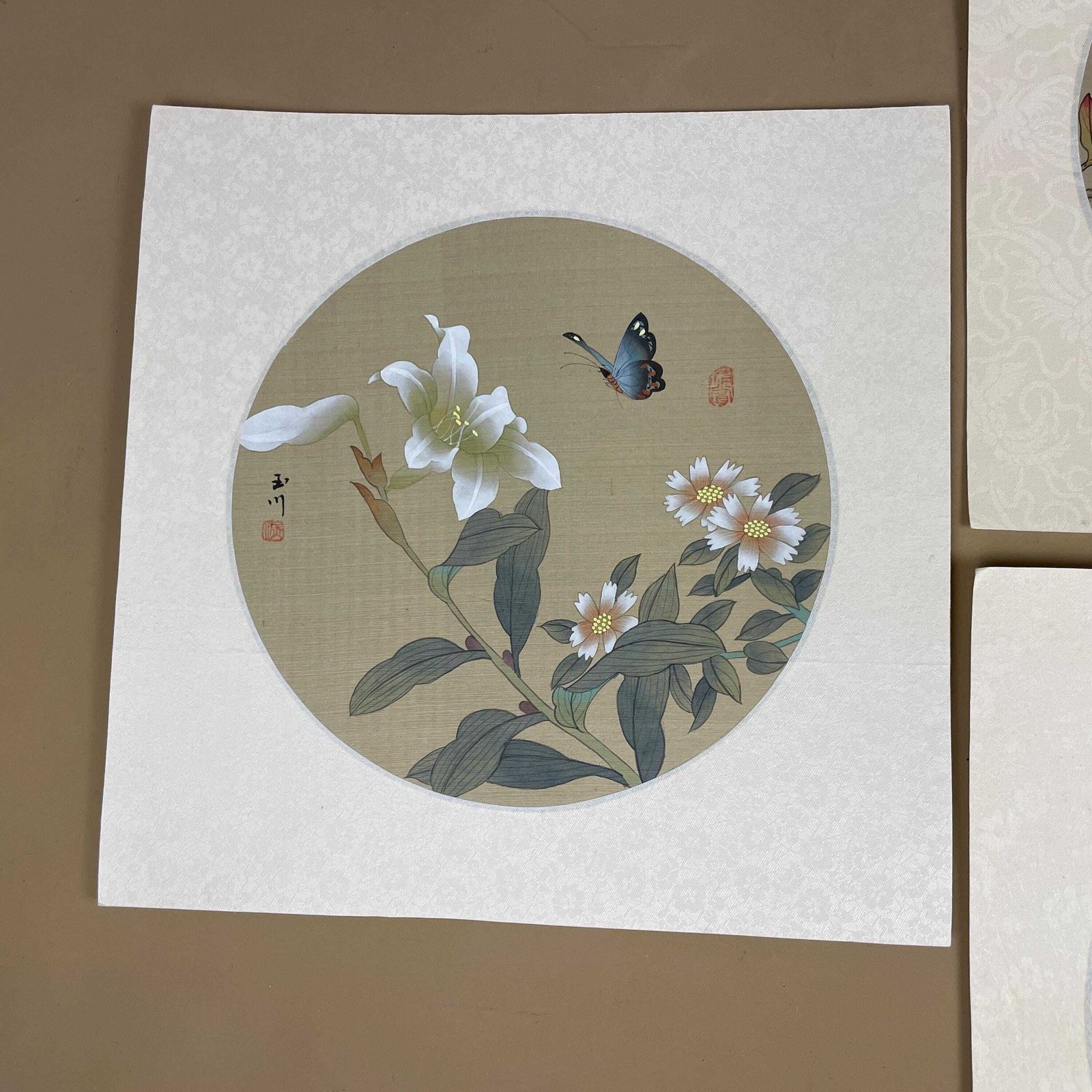 Trio Oriental Pictures Butterfly Floral Hand Painted Silk Botanical Unframed Asian Blossom Set Of 3 Paintings Mounted photo for sale
