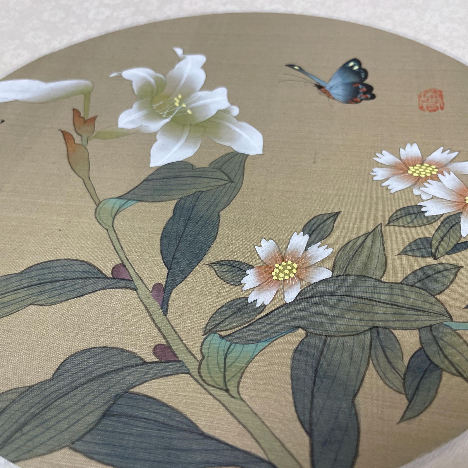 Trio Oriental Pictures Butterfly Floral Hand Painted Silk Botanical Unframed Asian Blossom Set Of 3 Paintings Mounted photo vintage