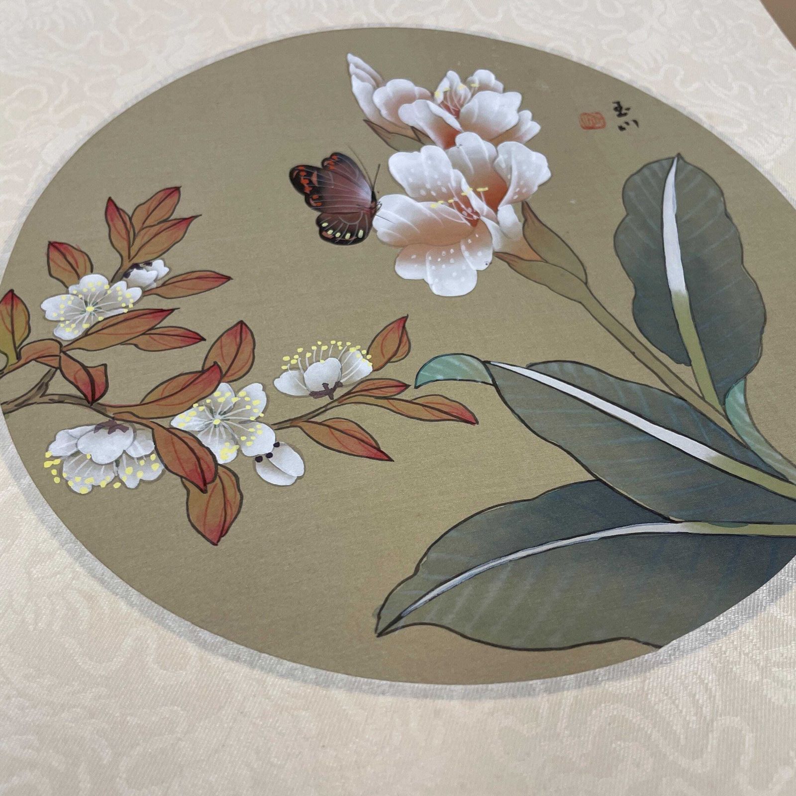 photo for sale Trio Oriental Pictures Butterfly Floral Hand Painted Silk Botanical Unframed Asian Blossom Set Of 3 Paintings Mounted