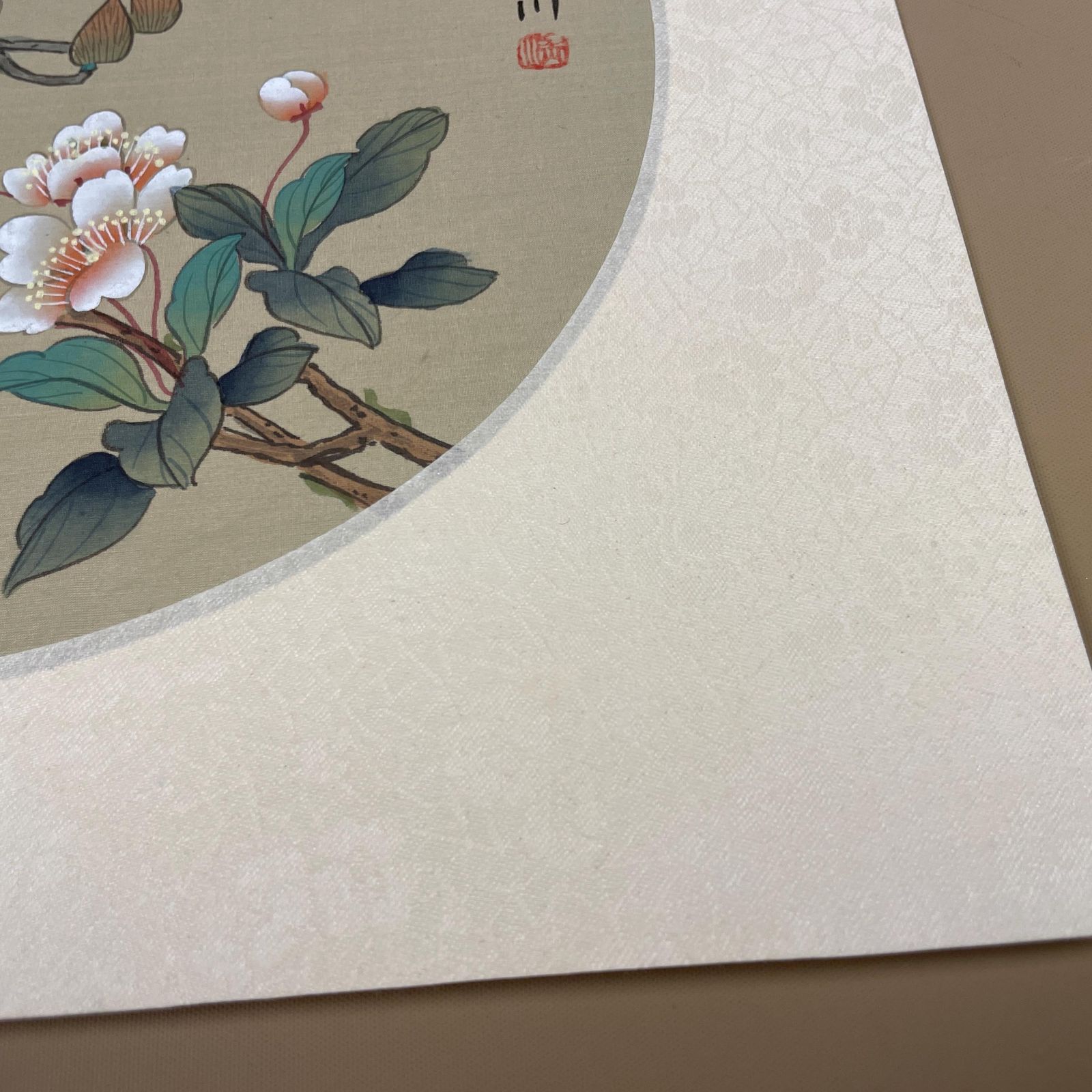 Art Trio Oriental Pictures Butterfly Floral Hand Painted Silk Botanical Unframed Asian Blossom Set Of 3 Paintings Mounted photo