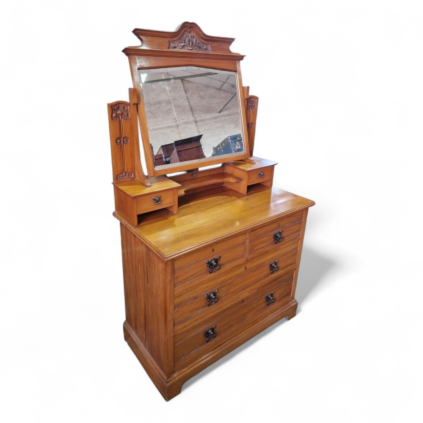 Victorian Art Nouveau Satinwood Dressing Chest Mirror Vanity Of 6 Drawers photo for sale