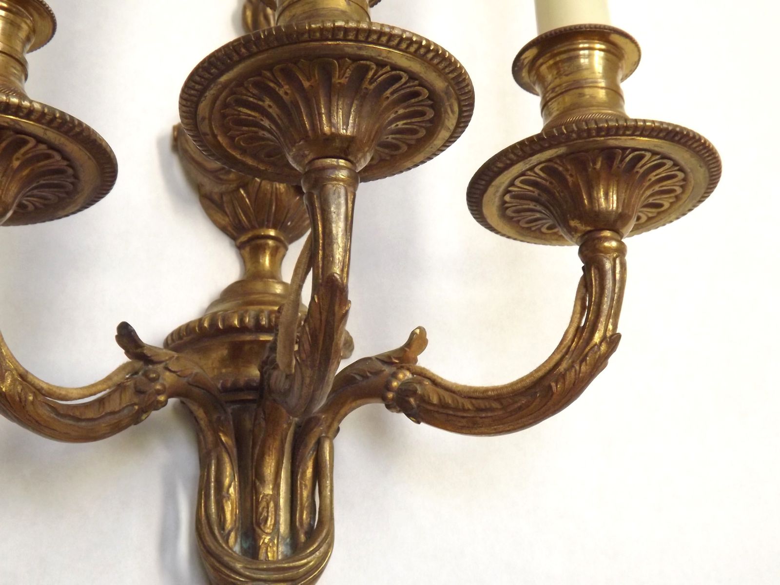 photo furniture Magnificent Pair French Antique Bronze Triple Wall Lights Urn & Swag Detail