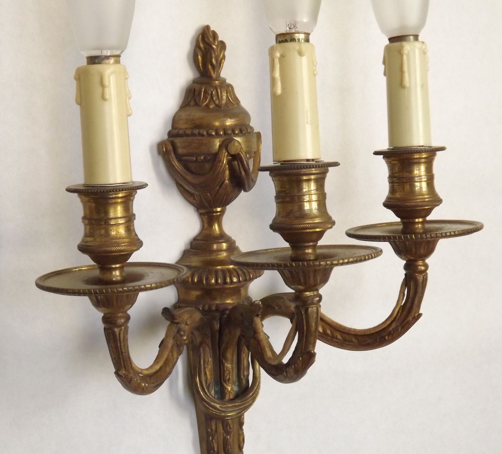 photo for sale Magnificent Pair French Antique Bronze Triple Wall Lights Urn & Swag Detail